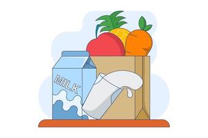 Concept of fruit and milk drinks, healthy and nutritious food and drinks. Flat Outline Illustration Graphics of Shopping Icons Bag, Pineapple, Apple, Carrot and Milk. App Icons, Banners etc. vector