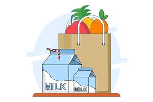 Concept of fruit and milk drinks, healthy and nutritious food and drinks. Flat Outline Illustration Graphics of Shopping Icons Bag, Pineapple, Apple, Carrot and Milk. App Icons, Banners etc. vector