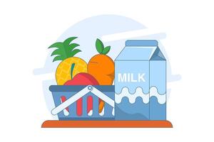 Concept of fruit and milk drinks, healthy and nutritious food and drinks. Flat Outline Illustration Graphics of Shopping Icons Bag, Pineapple, Apple, Carrot and Milk. App Icons, Banners etc. vector