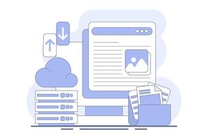 Cloud storage concept, cloud technology. data storage on cloud servers. Cloud computing concept, online database, web hosting, web data center. technology infographics. flat illustration. vector