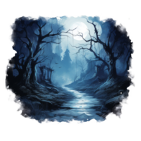 A Creepy Moonlit Path Through a Haunted Forest Leading to a Distant Castle png