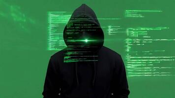 Hacker in Hoodie with Digital Code Overlay green screen background. video