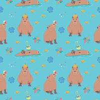 Seamless pattern with funny capybara , bird and flora. Blue background. Perfect for kids apparel, greeting card design, fabric print, baby shower, wrapping paper design, baby prints and home textiles. vector