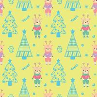 Cute seamless pattern with elk, Christmas trees and floral. Yellow background. Perfect for kids design, greeting card design, fabric print, wrapping paper design, cover design and decor textiles. vector
