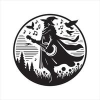 a witch with a guitar and birds in the background vector