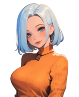 A cheerful animated character with short blue hair dressed in a stylish orange sweater, exuding warmth and charm in a colorful and imaginative setting png