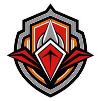 a red and black shield with an arrow on it vector