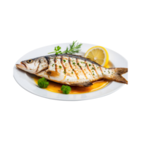 Grilled Fish on a Plate with lemon and vegetables on Transparent Background png