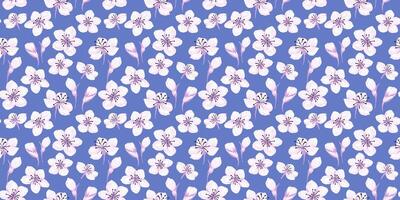 Abstract artistic florals pattern on a blue background. hand drawing. Ditsy tiny flowers and small buds seamless print. Designs ornaments for textiles, fabric, cover vector