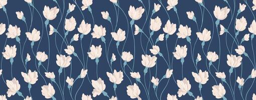 Creative florals stems intertwined in a seamless pattern. Abstract artistic branches with tiny flower buds print on a blue background. hand drawing. Plain ornament for designs, textiles, fabric vector