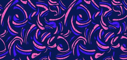 Abstract organic shapes seamless pattern on a black background. hand drawing blue and pink curved shape and bold wavy lines. Colorful contemporary minimalist print. Plain dynamic ornament vector