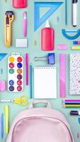 Composition of multi-colored stationery items, school supplies laid out on the table. office, school FLAT LAY . Back to school, vertical banner, school bag photo