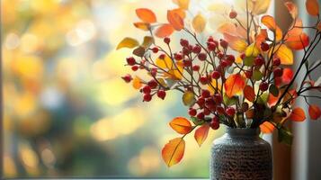 Autumn leaves and red berries in a vase near a window during golden hour photo