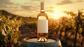 Sunset over vineyard with a bottle of white wine resting atop a barrel near grapevines in a scenic landscape photo