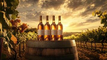 Golden hour at a vineyard with bottles of wine resting on a wooden barrel amidst lush grapevines during sunset photo
