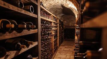 Wine cellar with wooden shelves and barrels showcasing a collection of wines in a rustic underground space illuminated by a warm light photo