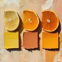 Colorful citrus fruits and vibrant paint swatches arranged artistically on a textured surface in bright natural light photo