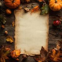 Autumn-themed rustic blank parchment surrounded by colorful leaves and pumpkins on a wooden background photo