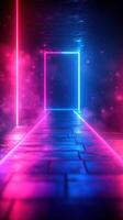 Neon Lights Illuminating a Brick Path with a Glowing Frame photo
