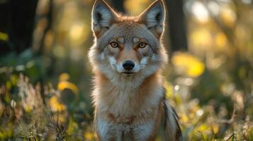 A coyote gazes intently in a vibrant forest setting during golden hour, highlighting the beauty of rewilding efforts. photo