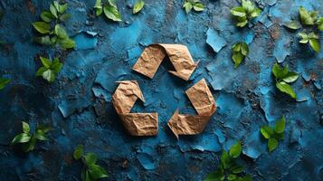 A recycling symbol crafted from brown paper sits amidst vibrant green leaves on a textured blue surface. photo