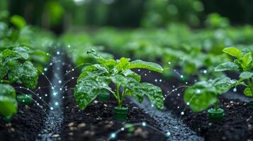 A smart irrigation system waters young plants, optimizing growth and conserving resources in a vibrant agricultural setting. photo