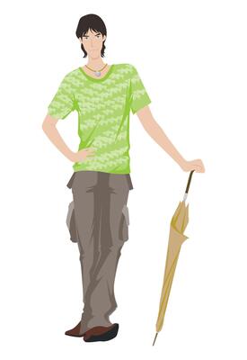 Fashion figure illustration, A smart young men is standing and there is a umbrella on his hand.