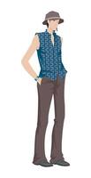 Fashion figure illustration, A smart actor is standing with a different poses and he has wearer a beautiful outfit like hat, sleeveless vest and pant. vector