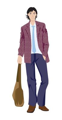 Fashion figure illustration, A smart guy is standing with a leather fashionable bag, He has wearer a Full sleeve jacket, pant and shows.