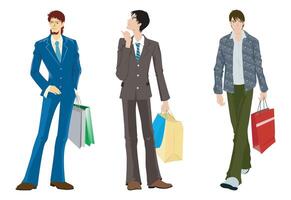 Fashion figure illustration, Three men are standing with a different poses, there are colorful shopping bag on their hand. They are thinking about something. vector