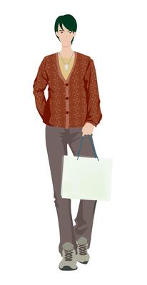 Fashion figure illustration, A young guy is standing with a different poses with a shopping bag, and he has wearer a T-shirt, Sweater, pant and sneakers.