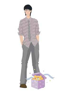 Fashion figure illustration, A smart guy is standing and thinking about something, He has wearer a Full sleeve formal shirt, tie and pant and shows. there a giftbox on his front and may be rat on it.