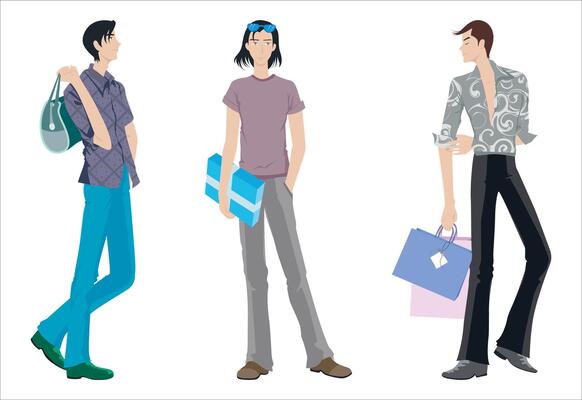 Fashion figure illustration and three men are standing with shopping bag.