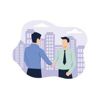 Flat illustration of two businessmen shaking hands with a silhouette of a building behind them vector