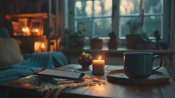 Cozy Morning Vibes Cinematic Documentary Style Close-up of E-Reader on Bedside Table in Winter Bedroom with Soft Decor, Perfect for Editorial Mockup Template photo