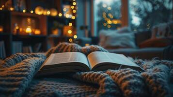 Intimate Winter Evening - Cinematic Editorial Photography of Open Book on Cozy Blanket in Living Room with Soft Evening Light, Perfect for Mockup Template photo
