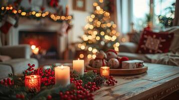 Cozy Winter Festivities - Cinematic Documentary Style Close-Up Shot of Greeting Card on Table in Cheerful Living Room with Soft Afternoon Light, Ideal for Magazine Editorial Mockup Template photo