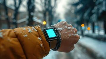 Urban Winter Lifestyle Cinematic Close-up of Smartwatch in Bright Afternoon Light with blank screen photo