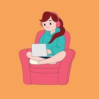 A girl sits on a chair with a laptop on her lap. coding and listening to music on earphones. vector