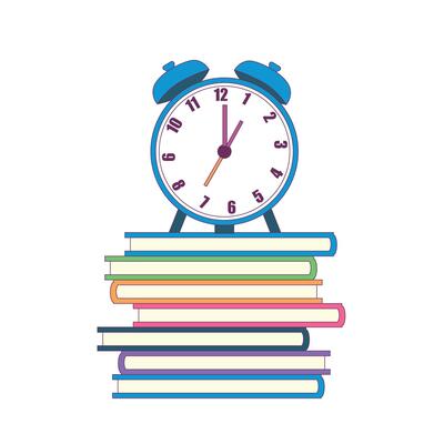 a stack of books with a blue clock on it, illustration