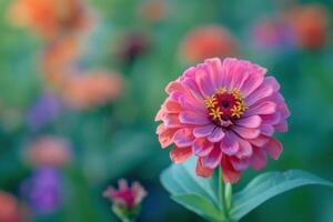 Beautiful pink zinnia flower blooming in a vibrant garden during the summer afternoon sunlight photo