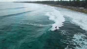 May 10, 2024. Fuvahmulah, Maldives. Aerial view with local surfers on ocean wave. Waves and surfer riding on waves video