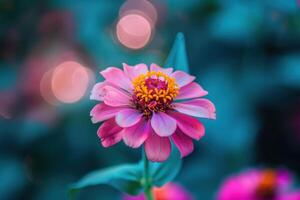 Beautiful pink flower blooming with vibrant background and soft bokeh during twilight photo
