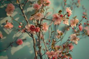 Cherry blossoms bloom against a soft blue background in a serene spring display photo