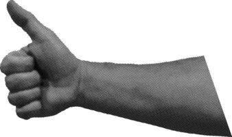 Halftone graphic of a hand giving a thumbs-up. Positive gesture, approval, success, and encouragement concept. Retro, pop art style illustration. vector