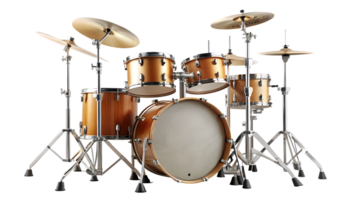 Complete drum kit with wooden finish and cymbals, perfect for music production and design, isolated, transparent file png
