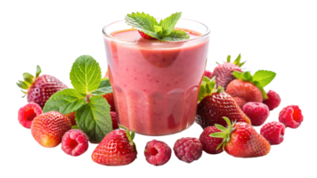 Glass of fresh berry smoothie surrounded by strawberries and raspberries, perfect for healthy food themes, transparent file png