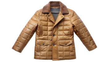 Beige quilted coat with button closure and pockets, stylish outerwear for winter, isolated, transparent file png