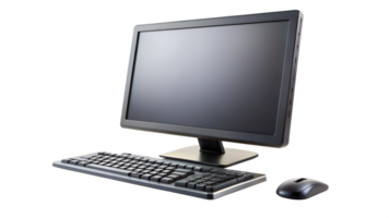 Desktop computer setup with monitor, keyboard, and mouse isolated, transparent file png