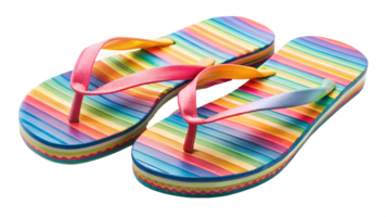 Rainbow-colored flip-flops with striped design for summer, bright casual footwear, isolated transparent file png